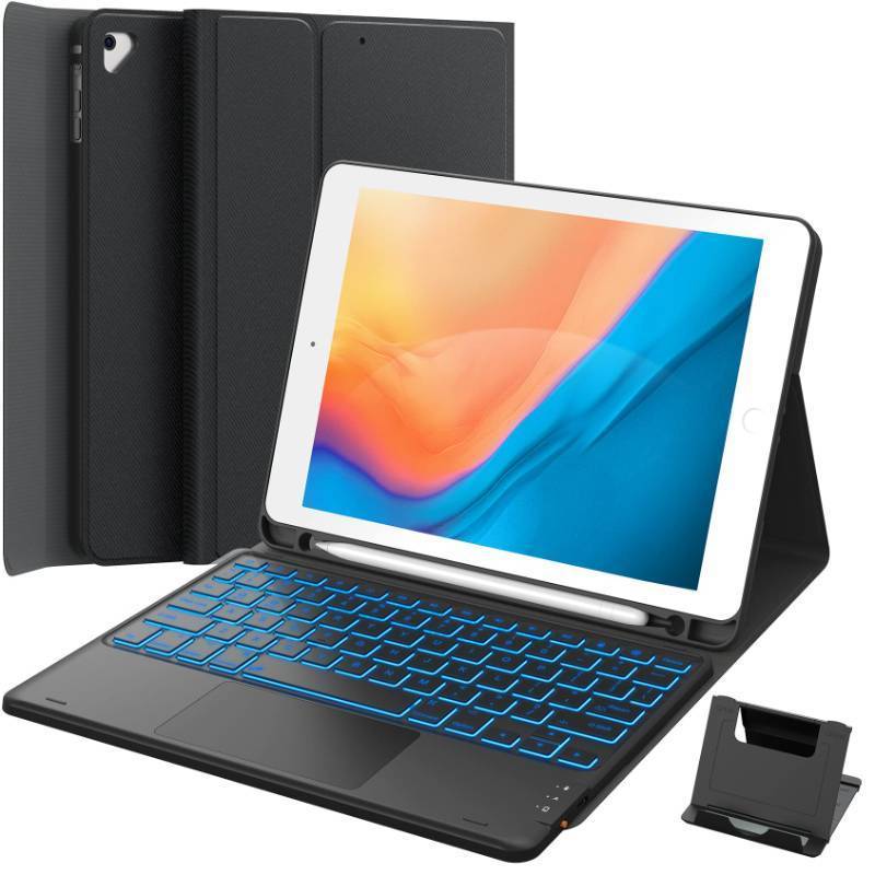 lot 61774 image: Keyboard Case for iPad 9.7 inch, iPad 6th (2018)iPad 5th Gen (2017), iPad Air 2nd Gen (2014), 7 Color Backlit, 2 BT Devices, Touchpad Keyboard Pro 9.7, Black - Retail $40