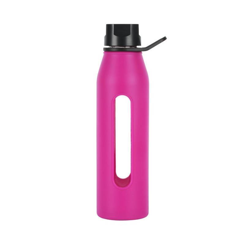 lot 54522 image: Takeya 22 Ounce Classic Glass Water Bottle with Silicone Sleeve and Twist Cap, Fuchsia - Retail $30