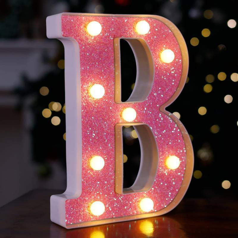 lot 54525 image: LED Letter Lights Pink Glitter Marquee Letters Light Up Alphabet Letters Sign Battery Powered for Home Party Decoration Night Bar Wedding Birthday Christmas Lamp Girls Gift - Letter B - Retail $9