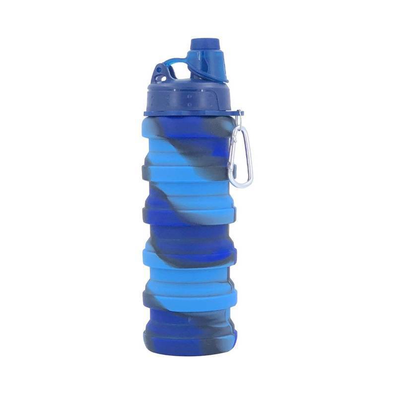 lot 54528 image: Collapsible Water Bottles Travel Sports Portable Sport Water Bottle comes with mountaineering Buckle 500ml silicone Water-proof camping water bottle (Blue camouflage) - Retail $9
