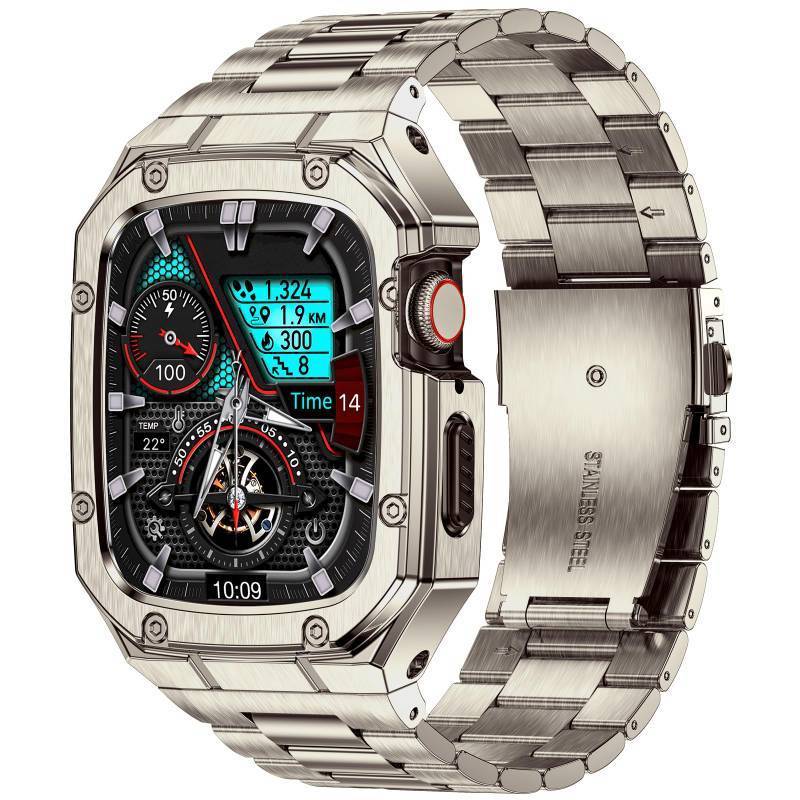 lot 54635 image: Stainless Steel Watch Band with Case Compatible with Apple Watch Series 9 8 7 45mm, Rugged Strap with Metal Protective Bumper Cover for iWatch Bands Men (Titanium Color) - Retail $33