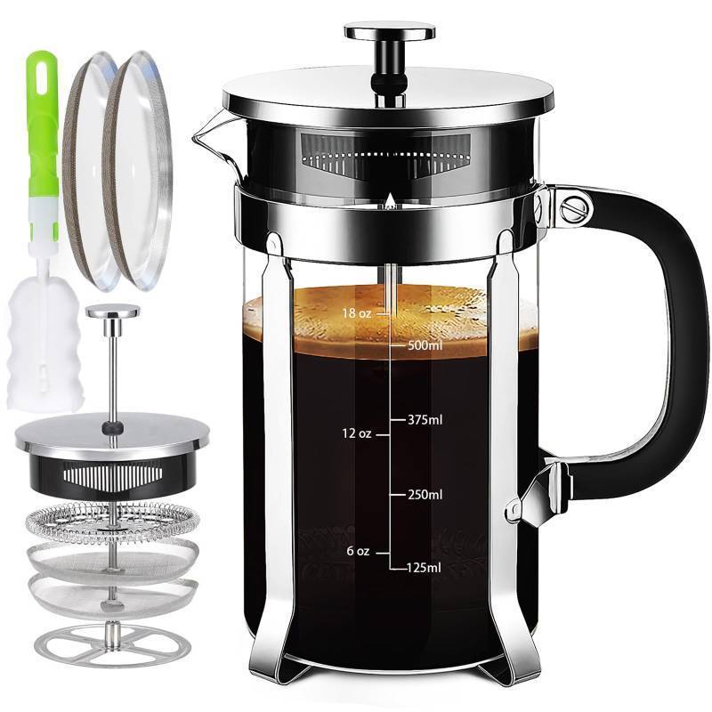 lot 54643 image: French Press Coffee Maker 304 Stainless Steel Coffee Press, with 4 Filters System, Heat Resistant Thickness Borosilicate French Press Glass, BPA-Free Brewed Tea Pot Coffee Plunger(Copper 12oz) - Retail $19