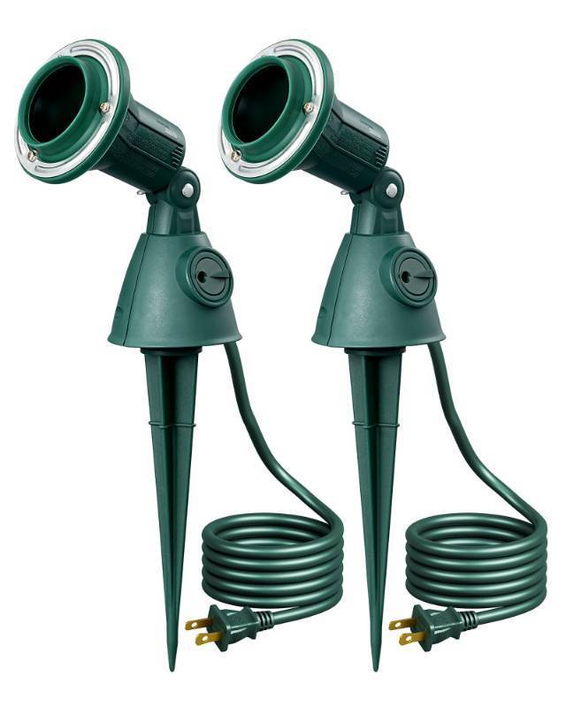 lot 54644 image: Dusk to Dawn 120V Outdoor Spotlight, Waterproof LED Outdoor Flood Stake Lights, E26 Base, Max 150W PAR38 Bulb (Not Included), 6FT Cord, 90° Adjustable Head, 2 Pack - Retail $26