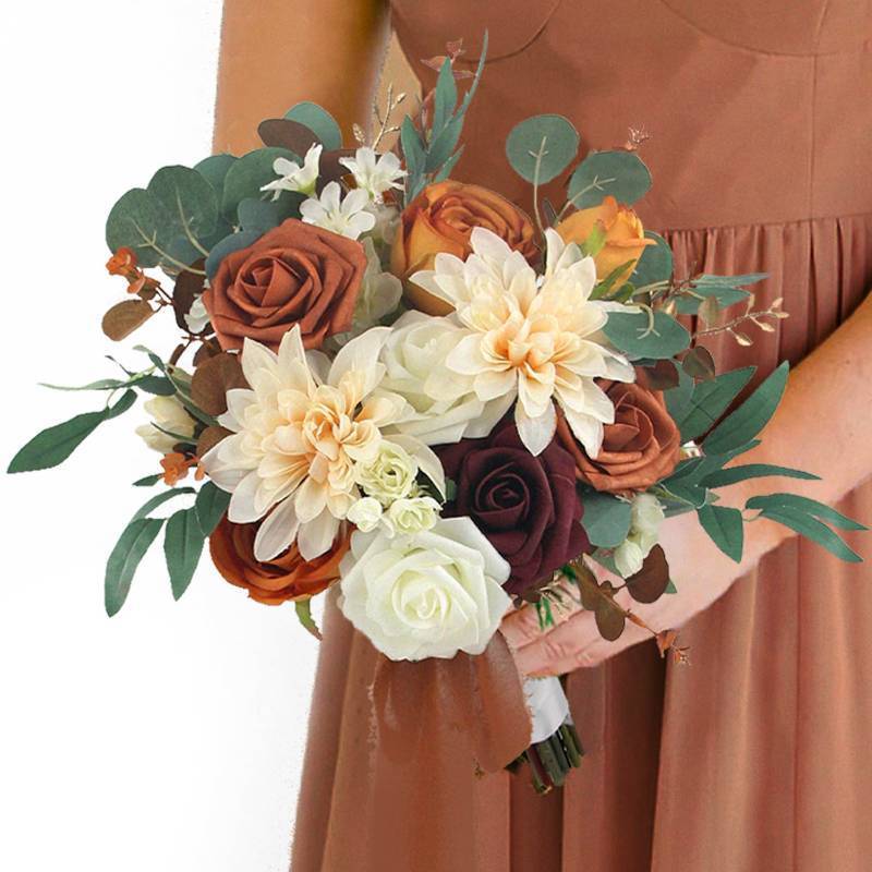 lot 54655 image: 1Pc Fall Wedding Bouquets for Bridesmaids Burnt Orange Terracotta Bridal Bouquet Bride Bridesmaid Maid of Honor Bouquet Wedding - Retail $50