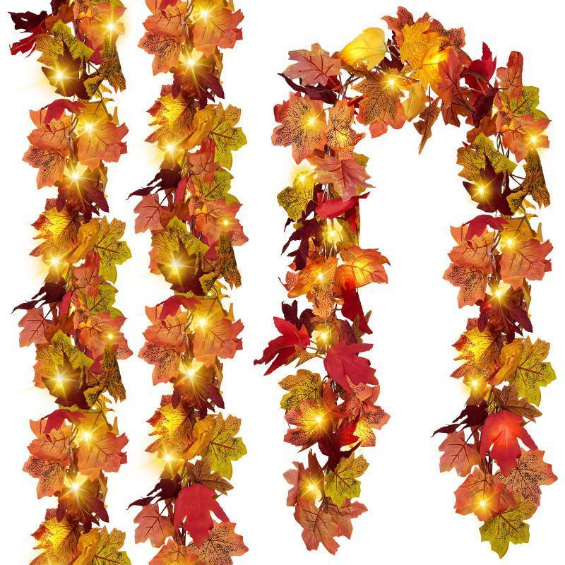 lot 54721 image: 3 Pack Fall Leaf Garland with Lights, Total 17.7 Ft String Lights Fall Vines Autumn Garland Artificial Maple Fall Leaves Thanksgiving Decor for Home Wedding Fireplace Party - Retail $22
