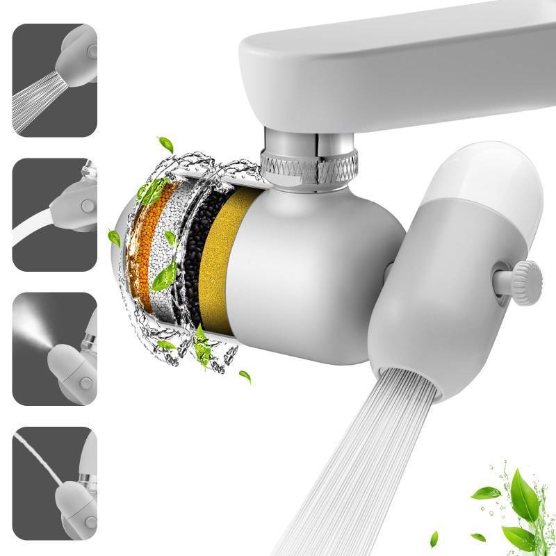 lot 54747 image: 4 Modes Multifunctional Kitchen & Bathroom Water Filter for Sink Faucet with 2pcs Replacement Filters - 99.9% Chlorine Removal - Skin Hydration in 2 Weeks-Compatible with Most of Faucet (missing Filters) - Retail $35