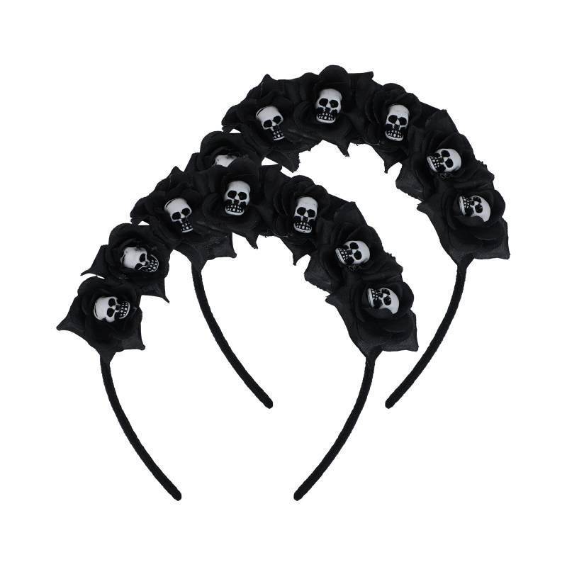lot 54768 image: 2-Pack Halloween Skull Headpiece Black Rose Flower Crown Headband the Dead Costume Flower Crown Headdress for Halloween Decor - Retail $9