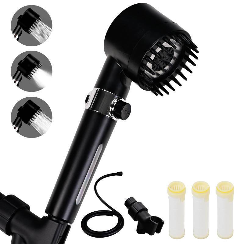 lot 54785 image: Filtered Shower Head with Handheld, High Pressure Water Flow and 4 Spray Modes, Power Wash for Hard Water, Showerhead Set with 59�� Hose��Bracket��Filters, ONOFF Switch for Pets Bath (Black) (missing filters) - Retail $18