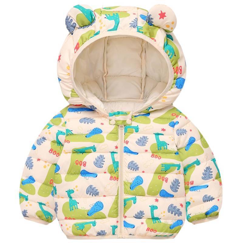 lot 54795 image: Baby Winter Hooded Down Jacket Boys Girls Light Warm Puffer Coats Toddler Bear Ears Zipper Up Down Coats Outwear Beige Giraffe 3-4T  - Retail $10