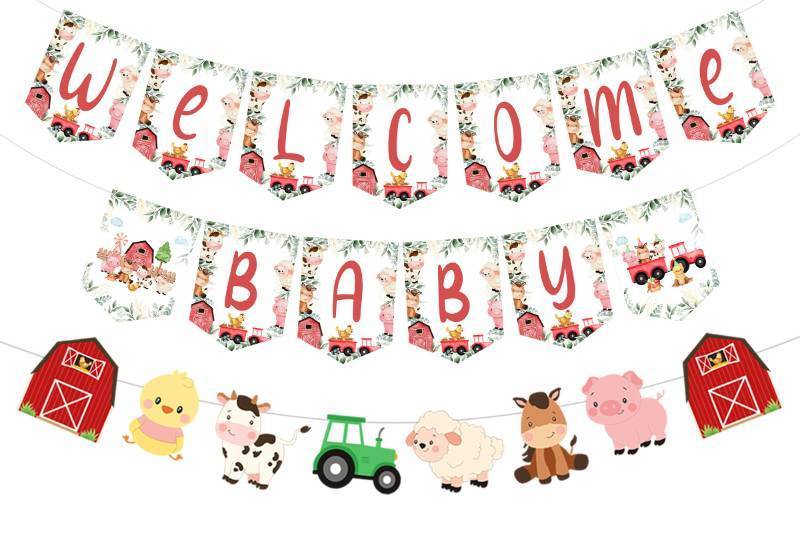 lot 54842 image: Farm Animal Baby Shower Banner, Red and Blue Welcome Baby Bunting Garland, Farm Animal Themed Party Decoration, Barnyard Party Supplies for Boys Girls - Retail $10