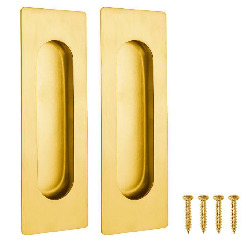lot 54847 image: 4.72 Inch Recessed Finger Flush Pulls for Kitchen Cabinet, Closet, Sliding Cupboard Door Handle - Brushed Gold Stainless Steel Rectangular Door Pulls Replacement Hardware (2 Pack) - Retail $14