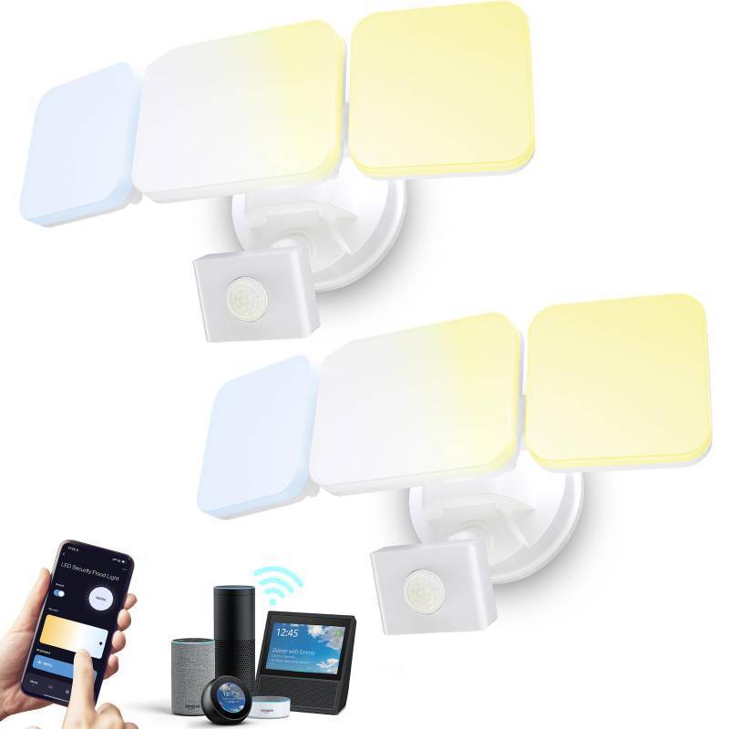 lot 54864 image: EMANER Outdoor Security Light Tunable White 2700K-6500K Dimmable, Wired 2800lm Motion Sensor Flood Light Exterior WiFi Smart APP Control, Work AlexaGoogle Home for House Porch Patio (White, 2-Pack) - Retail $69