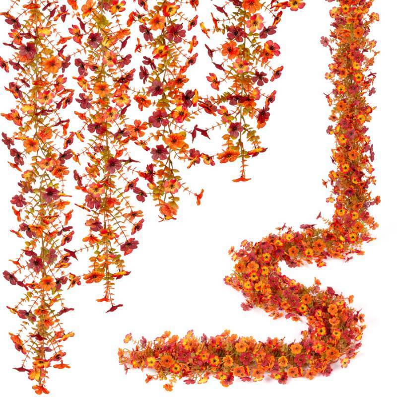 lot 54909 image: Fall Mums Flowers Artificial Garland for Decoration, 4 Pack 5.9 FT Faux Mums with Eucalyptus Leaves Ivy, UV Resistant Fake Fall Daisy Floral Vine Flowers for Home Garden Wedding Backdrop Decor - Retail $24