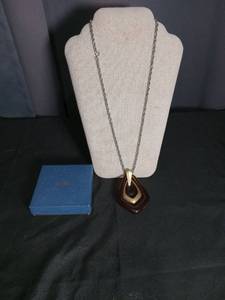lot 1265 image: Geometric Brown Lucite Pendant Necklace with Silver Chain