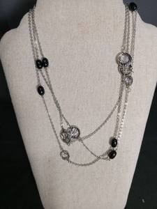 lot 1275 image: Long Silver Chain Necklace with Black Beads and Crystal Accents