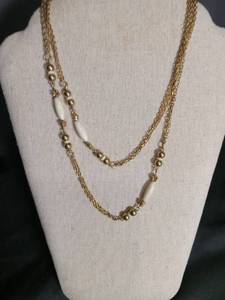 lot 1286 image: Long Gold Chain Necklace with White Beads