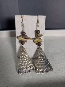 lot 2168 image: Silver Cone Dangle Earrings with Wood Beads