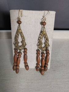 lot 2169 image: Brass Filigree and Wooden Bead Dangle Earrings