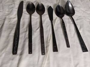 lot 2263 image: Black Ornate Flatware Spoons Set
