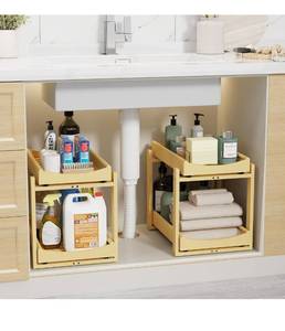 lot 7089 image: Bamboo Under Sink Organizer Adjustable Height 2 Tier Bathroom Organizer Pull Out Cabinet Storage Kitchen Heave Duty Wood Slide Ou Shelf for Kitchen Bathroom (Nature, 2 Pack)