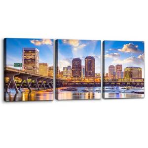 lot 7097 image: Pacimo James River Framed Wall Art Richmond Cityscape Pictures Print on Canvas Painting for Home Decor City Skyline Modern Artwork for Living Room Bedroom Office Ready to Hang - 12x16x3 Panels