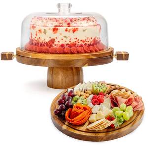 lot 7104 image: Acacia Wood Cake Stand with Lid 3-in-1 Split Design, Magnetic Base with Detachable Handles &amp Acrylic Cake Stand Dome Cover Charcuterie Board, Serving Platter for Cakes, Cheese &amp More (11)