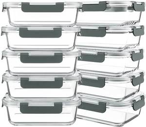 lot 7113 image: KOMUEE 10 Packs 30 oz Glass Meal Prep Containers,Glass Food Storage Containers with Lids,Airtight Lunch Bento Boxes,Microwave,Freezer and Dishwasher,Gray