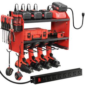 lot 7114 image: Power Tool Organizer Wall Mount with Charging Station, Heavy Duty 3 Layer Garage Tool Storage with 4 Cordless Drill Holder and 8 Outlet Power Strip, Gift for Men Husband Dad Birthday Anniversary red