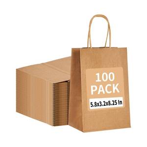 lot 7117 image: 100 Pack 5.8x3.2x8.25 Inch Brown Kraft Paper Gift Bags with Handles - Bulk Small Plain Natural Bags for Birthday Party Favors, Grocery, Retail Shopping, Wedding, Craft, Goody, Takeouts, and Business