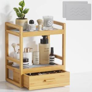 lot 7122 image: Bamboo Bathroom Organizer Countertop, Large 2 Tier Vanity Perfume Organizer with Drawer for Skincare Makeup, Counter Storage with Stone Drying Mat for Coffee bar Macha Station Kitchen