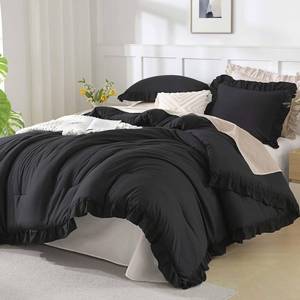 lot 7129 image: Andency California King Comforter Set Black (104x96Inch), 3 Pieces Cal King Ruffle Comforter, Oversized Farmhouse Shabby Chic Bed Comforter, Lighteweight and Soft Microfiber Bedding Set