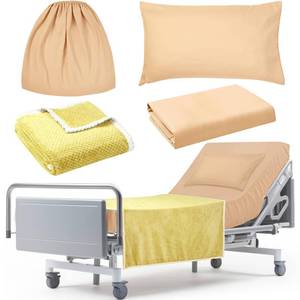 lot 7133 image: SmoothNovelty 4 Pcs Hospital Bed Sheets Set, Soft Knitted Standard Sheets Quality, Include Fitted Sheet, Quilt Cover, Pillow Case and Blanket (Yellow)