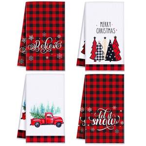 lot 7137 image: WovWeave 4 PCS Christmas Plaid Kitchen Towels Set - Red Black Plaid Winter Hand Towels Truck Trees for Xmas Kitchen Bathroom Decoration Housewarming Gifts, 16 x 24 inches(Black Red,Classic Style)