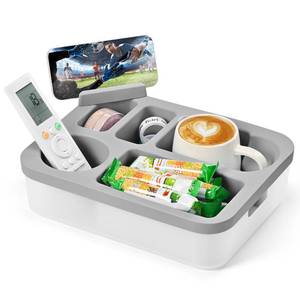 lot 7148 image: Weeme Couch Cup Holder Tray with Rotating Phone Stand & Anti-Spill Design, Silicone Sofa Caddy for Drinks, Remote, Snacks (Dark Grey, 11.8x 9.05)