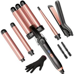 lot 7185 image: 5 in 1 Wand Curling Iron-Kinked Curling Wand Set with Flat Iron Hair Straightener, 3 Barrels Hair Crimper, 3 Ceramic Curling Irons (0.35-1.25), 2 Temps Fast Heat Hair Waver Curler with Glove & Clip