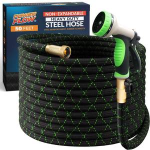 lot 7229 image: PowerFlow Garden Hose, NON-EXPANDABLE 50 Feet Premium Quality Stainless Steel Metal Water Hose with Durable Fabric Skin, Hose For Commercial, Residential Use, Bonus 10-way Spray Nozzle (50 Ft, Black)