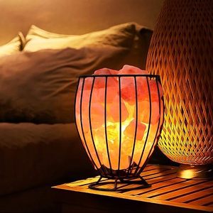 lot 7235 image: NatureBoost Himalayan Pink Salt Metal Basket Lamp (Tall) with Pair of Extra Bulb, Unique Gift Idea