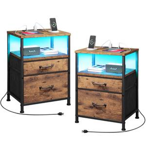 lot 7268 image: YeTom Nightstand with Charging Station Set of 2, LED Night Stand with 2 Fabric Drawers, Side Table with Open Shelf, End Table with Steel Frame, 2 Drawer Dresser for Bedroom, Brown