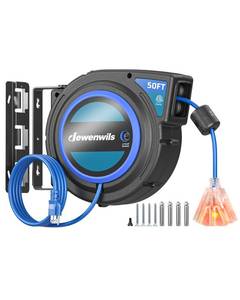 lot 7273 image: DEWENWILS Retractable Extension Cord Reel, 50 FT 143C SJTOW Heavy Duty Power Cord with Lighted Triple Tap Outlet, 180° Swivel Bracket for CeilingWall Mount, 13A Circuit Breaker, ETL Listed, Blue