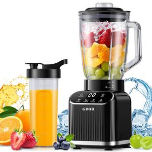 lot 7278 image: GDOR Professional Blender for Smoothies, 5 Functions, 1200 Peak Watts Smoothie Blender, 52 Oz Glass Jar & 24 Oz To-Go Cup Combo, Blenders for Smoothies, Ice and Frozen Fruit, Self-Cleaning, Black