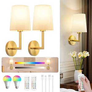 lot 7283 image: JKEYES Battery Operated Wall Sconces Set of Two, Gold Cordless Wall Sconce with 10000mAh RGB Dimmable Detachable Rechargeable Bulbs, 12 Colors Sconces Wall Decor for Bedroom Living Room Hallway