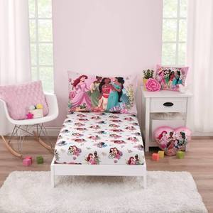 lot 7312 image: Disney Princesses Courage and Kindness Ariel, Tiana, Moana, Jasmine, Cinderella, Mulan, Belle, and Snow White 2 Piece Toddler Sheet Set - Fitted Bottom Sheet and Reversible Pillowcase
