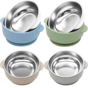 lot 7382 image: JVEOO 4 Pack Stainless Steel Baby Bowls with Suction, 2-in-1 SUS304 Toddlers Bowl & Removable Silicone Suction Kids Bowl Anti Scald Non Toxic Snack Container for Baby Food Feeding