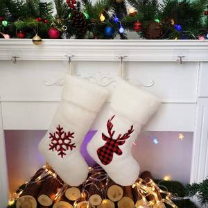 lot 7427 image: Houwsbaby 2 Pcs Christmas Stockings Set Plush Holders with Tartan Reindeer Snowflake Soft Fuzzy Socks Kit Holiday Ornament Party Decoration Gift Bags for Family, White,18