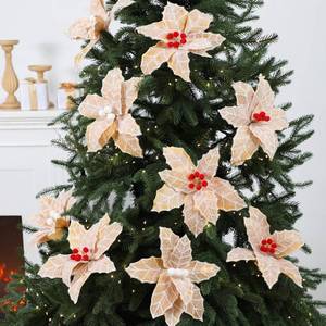 lot 7432 image: Daifunli 12 Pcs Large Christmas Gingerbread Poinsettia Flowers Tree Picks with Berries 10.6 Inches Christmas Tree Ornaments for Xmas Home Vase Decor(Gold)