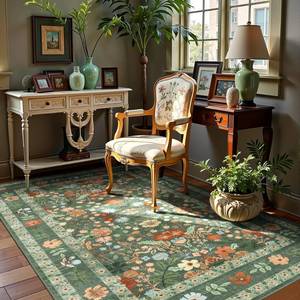 lot 7464 image: Green Floral Area Rugs 3x5 Small Thin Entryway Rug - Vintage Boho Washable Non-Slip Living Room Carpet Soft Low Pile Bedroom Floor Mat Indoor Home Decor for Dining Room Playroom Farmhouse, GreenMulti