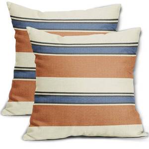 lot 7485 image: Aytipun Orange Blue Striped Pillow Covers 18x18 Set of 2 Boho Stripe Pattern Cream Farmhouse Decorative Throw Pillows Outdoor Modern Line Print Linen Cushion Case with Zipper Decor for Sofa Couch Bed