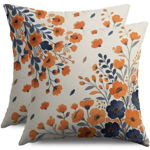 lot 7486 image: Blue Burnt Orange Fall Floral Pillow Covers 18X18 Set of 2, Autumn Colored Themed Flower Decorative Throw Pillowcases Holiday Seasonal Outdoor Farmhouse Cushion Cases Couch Sofa Bed Home Decor
