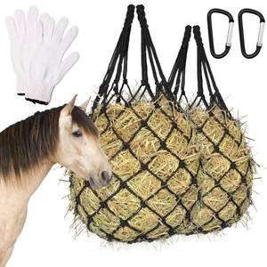 lot 7513 image: Flantor 2PCS Hay Net for Horses - Ultra Slow Feed Hay Net with 2 Pairs Gloves, 2.36x2.36 Holes 40 Heavy-Duty Horse Slow Feed Hay Nets for Stall, Trailer, Pasture - Strong &amp Durable Hanging Feeders