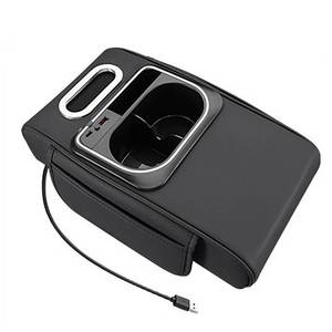 lot 7519 image: LIJXHO Universal Car Armrest Box Height Increasing Pad, Multifunctional Storage Box with Tissue Holder, Cup Holder, Ambient Light, USB Charging Port (Black)